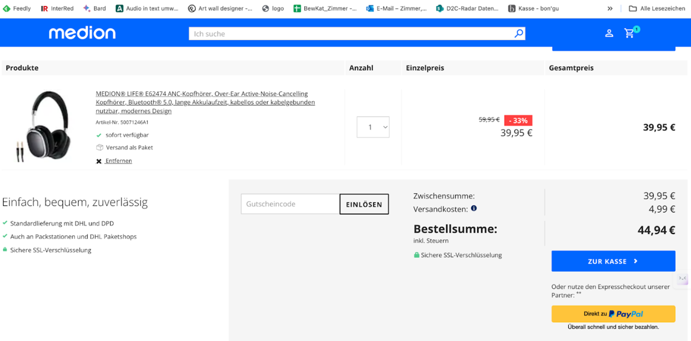 PayPal Express Checkout bei Medion