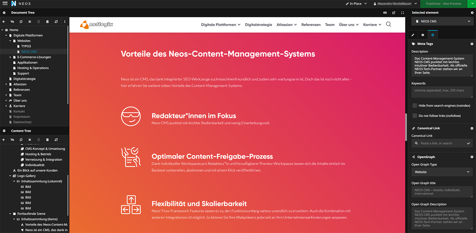 Blick ins Backend von Neos CMS.