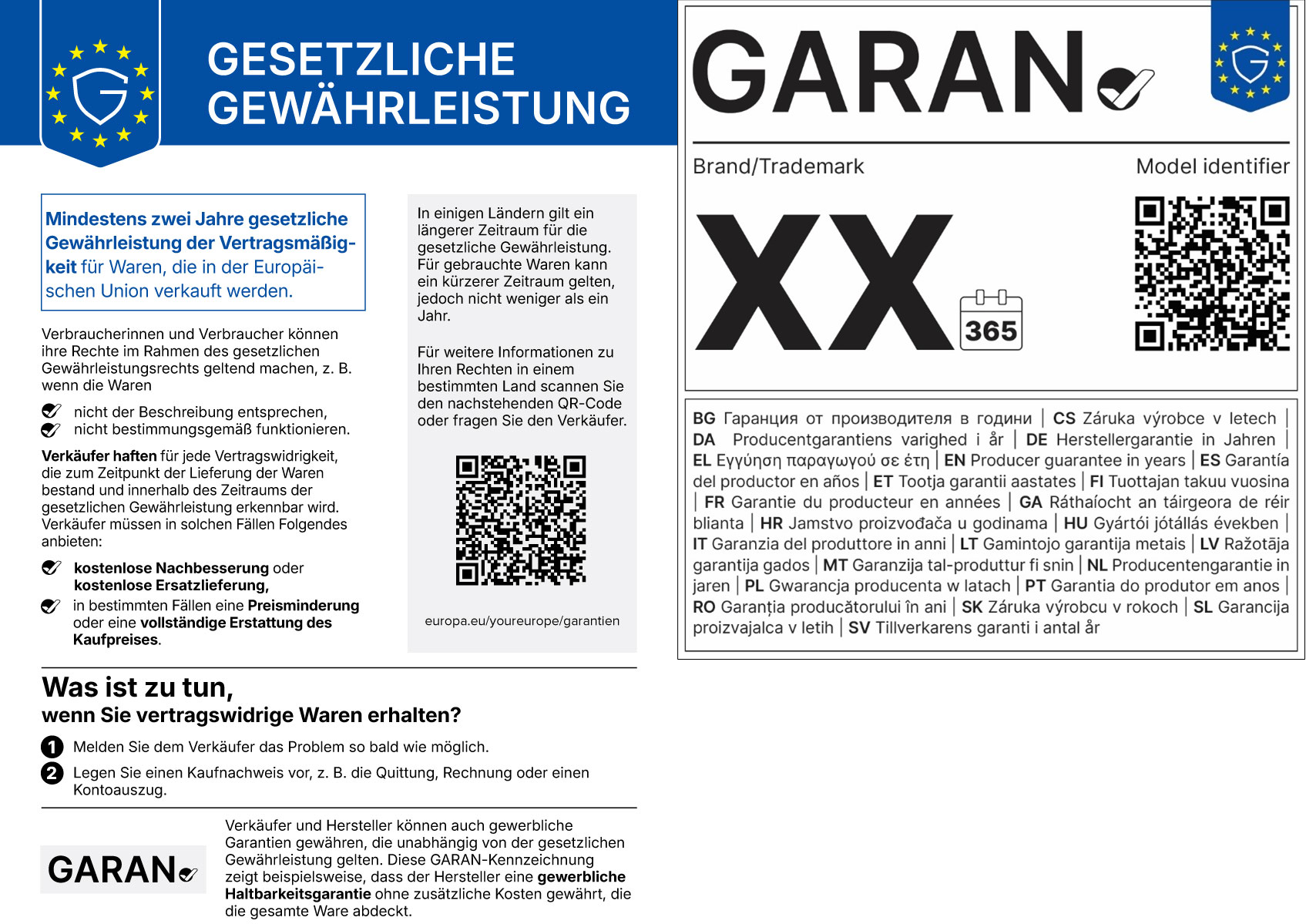 Die vorgeschriebenen EU-Label für Gewährleistung (links) und Garantie (rechts)